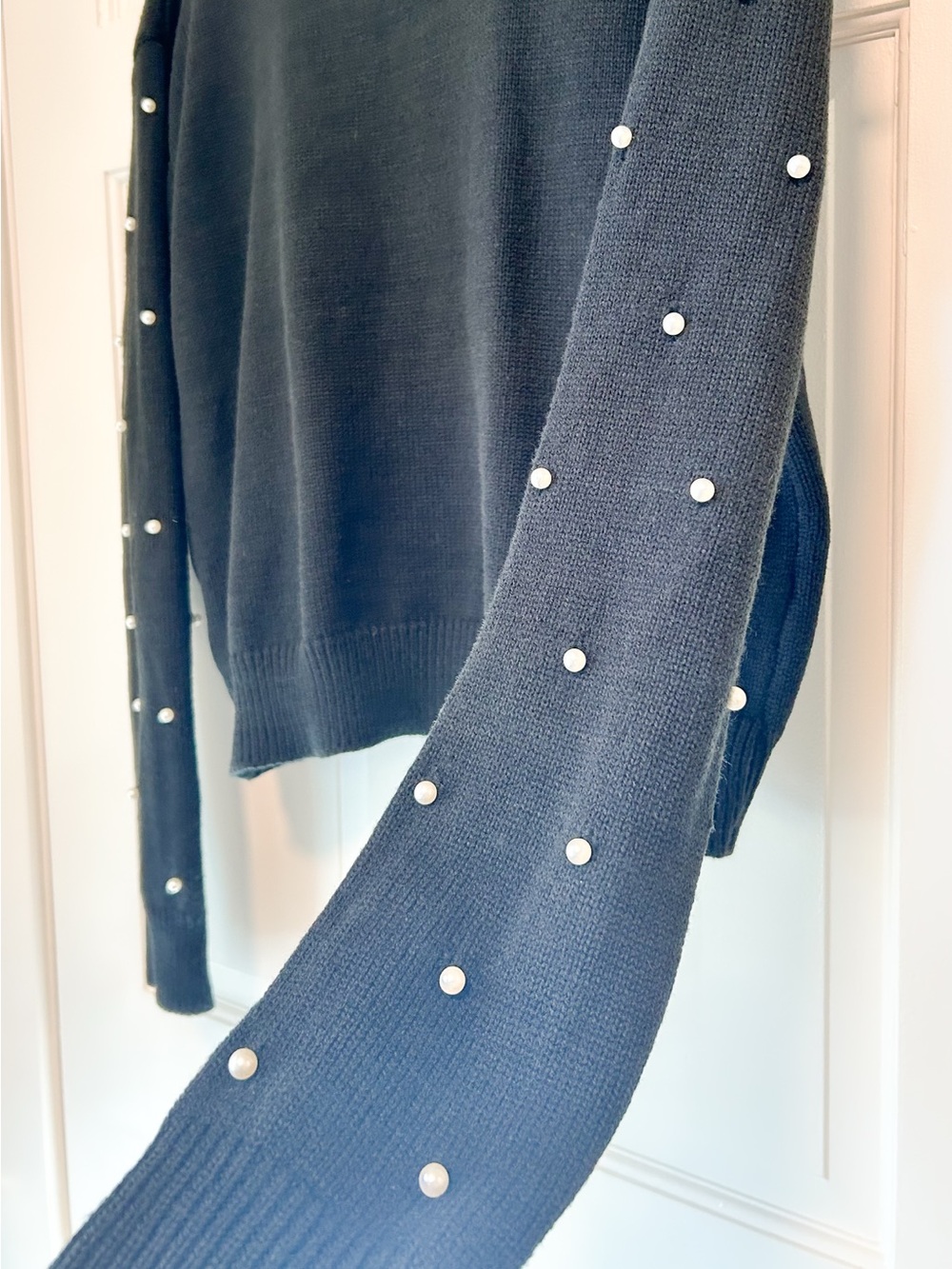 SHEIN Black Raised Dash Knit Pearl Bead Embellished Sleeve Sweater - Size Large - Picture 6 of 7
